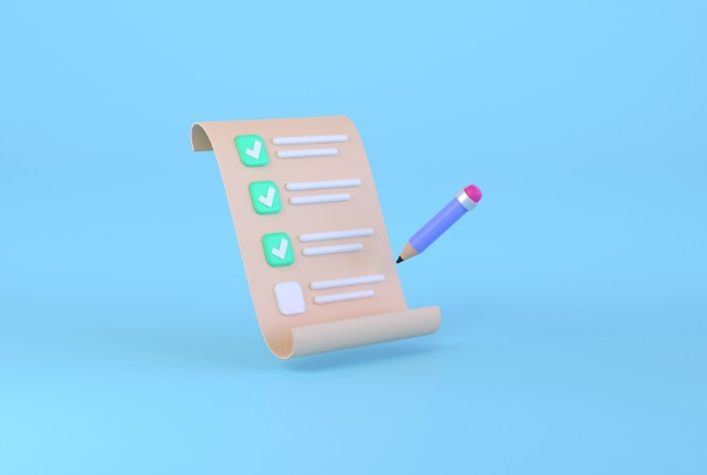 要件チェック チェックリストと鉛筆の3Dイラスト。タスク管理や書類作成、申請手続きのイメージに使えるビジュアル。