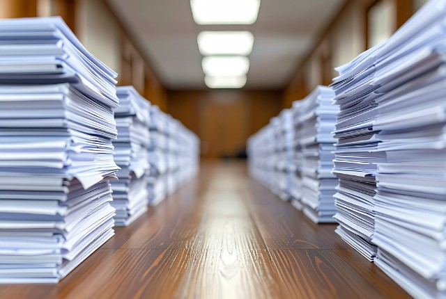 申請書類 会議室の机に積まれた大量の書類。鉄道業界の特定技能制度に関する申請・手続き資料のイメージ。