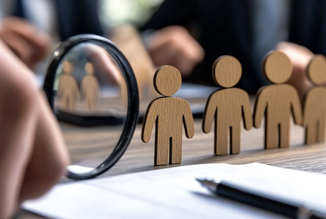 採用プロセス 採用選考のイメージ。木製の人型と拡大鏡を使い、候補者の評価や人材選定を表すビジネスシーンの写真。