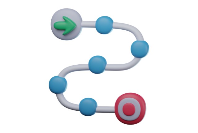 矢印から目標地点へ続くステップを示す3Dイラスト。取得プロセスやキャリアロードマップの流れを表現。