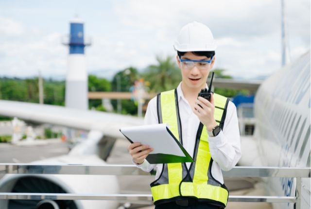 空港で安全ベストとヘルメットを着用した作業員が書類を確認し無線で連絡する様子を写した写真。