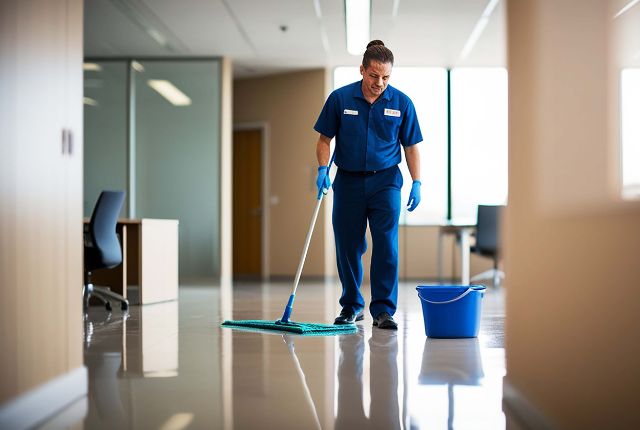 オフィスビルの床をモップで清掃する作業員。特定技能2号のビルクリーニング業務を象徴するシーン。