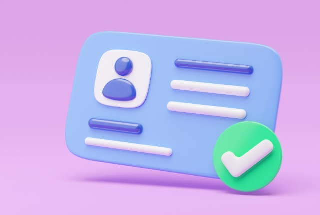 身分証明書の確認 身分証カードとチェックマークの3Dイラスト。在留カードや本人確認など外国人雇用手続きの概念を表現。