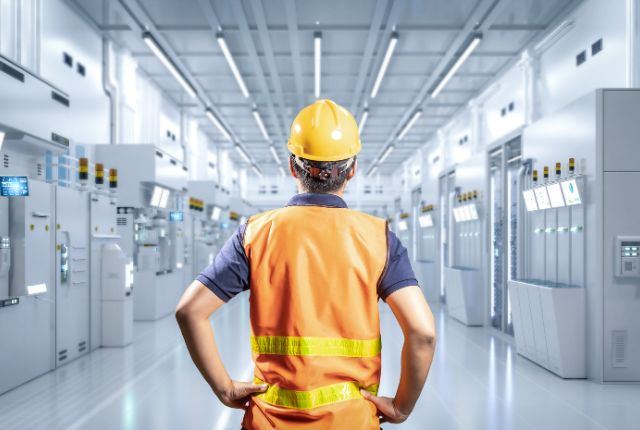 製造工場に勤務する特定技能外国人 製造工場の設備を点検する作業員の後ろ姿。特定技能2号の外国人材が活躍する製造業の現場イメージ。