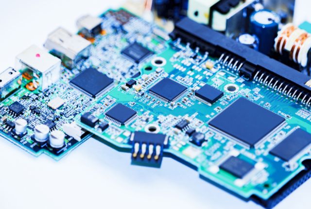 電子機器部 電子基板のアップ写真。精密機器製造や電気電子機器組立て分野を示すイメージとして利用できる基板部品。