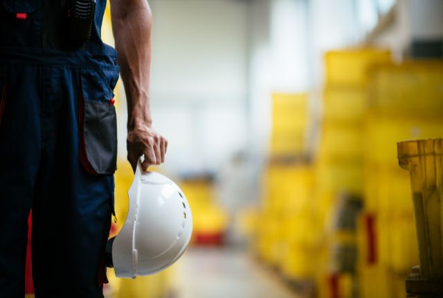 造船・舶用工業で働く作業員がヘルメットを持ち現場に立つ様子。特定技能2号人材の安全管理を示すイメージ。