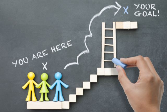 黒板に階段とゴールが描かれ、スタート地点に人形が立つ成長やキャリアアップを示すイメージ写真