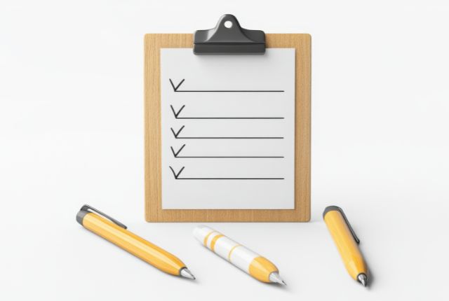 チェックリストを書いたクリップボードとペンの写真。業務手順や準備項目を確認するイメージ。