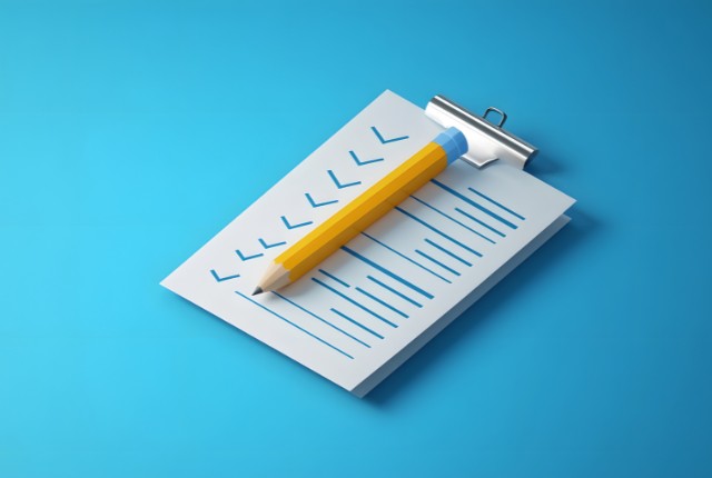 青い背景に置かれたチェックリストと鉛筆。食品製造業における品質管理や衛生管理、点検項目の確認をイメージした画像。