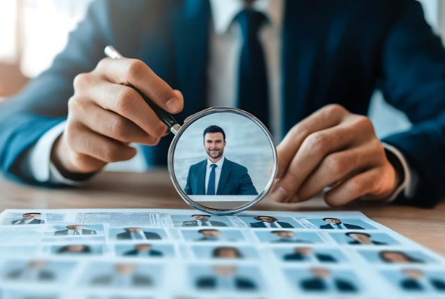 採用候補者の選定プロセス 採用担当者が履歴書の候補者写真をルーペで確認している様子。外国人採用の選考や人材評価のイメージ。