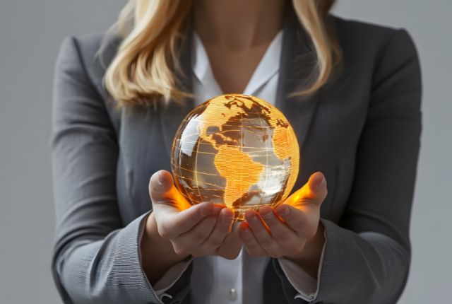 海外での就職活動 海外就職・転職の成功に向けて、ビジネスパーソンが発光する地球儀を手に持つイメージ写真
