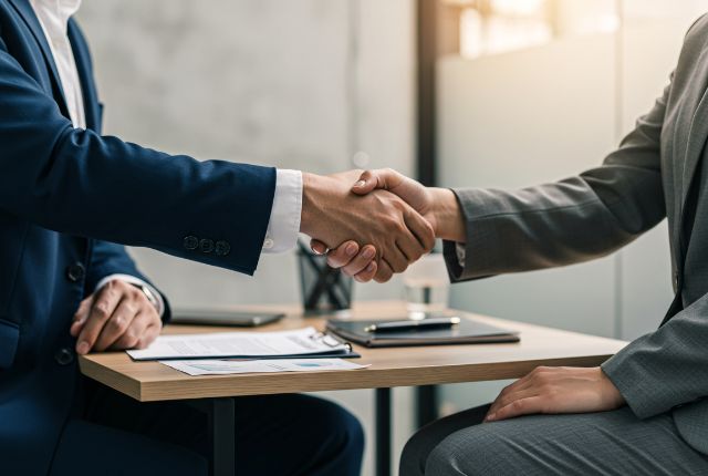 スーツ姿のビジネスパーソンが握手を交わす場面。外国人材受入れや送り出し機関との契約締結をイメージできる写真。