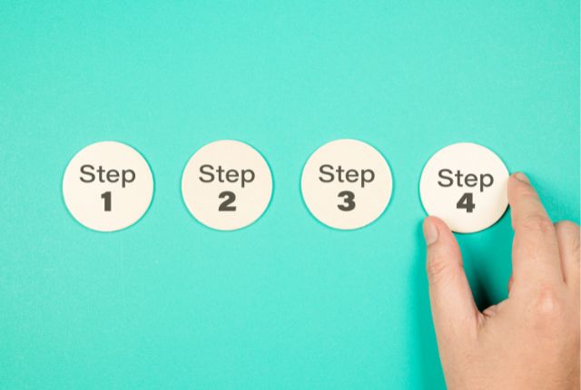 ステップ1から4までの流れを示す円形アイコンと手の写真。助成金申請手順やプロセス解説を表すイメージ