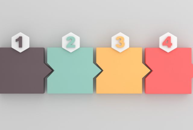 4つのカラフルなステップで構成された番号付きフローチャート。手順やプロセスを示す図解イメージ。