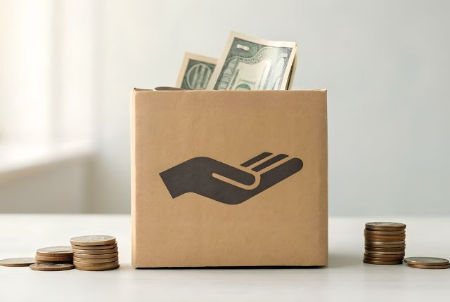 助成金や支援金をイメージした箱と紙幣・硬貨の写真。企業の資金支援や補助金を表すビジュアル