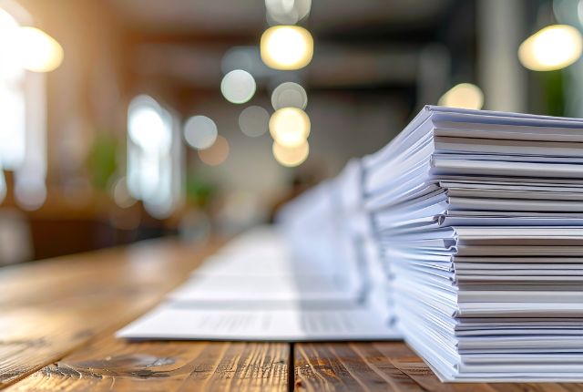 各種届け出書の準備 木製テーブルに積み上げられた大量の書類が並ぶオフィス風景。企業の法務業務や手続きの多さを示すイメージ。