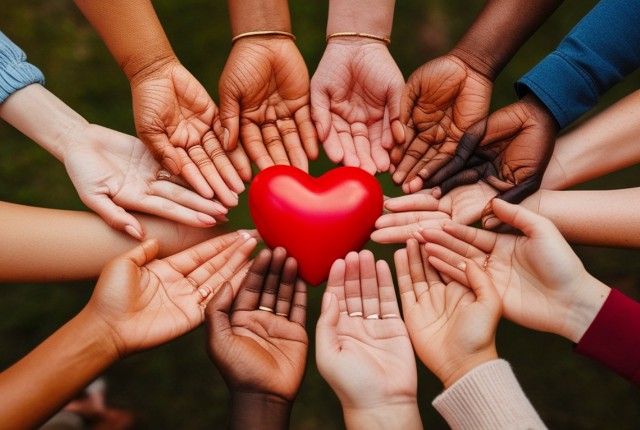 特定技能外国人のサポート 多様な人々の手が赤いハートを囲む画像。共生・支援・コミュニティのつながりを象徴する写真。